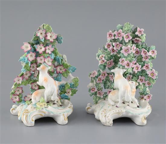 Two similar Derby groups of sheep in a flower arbor, c.1765, H. 15.5 and 16cm
